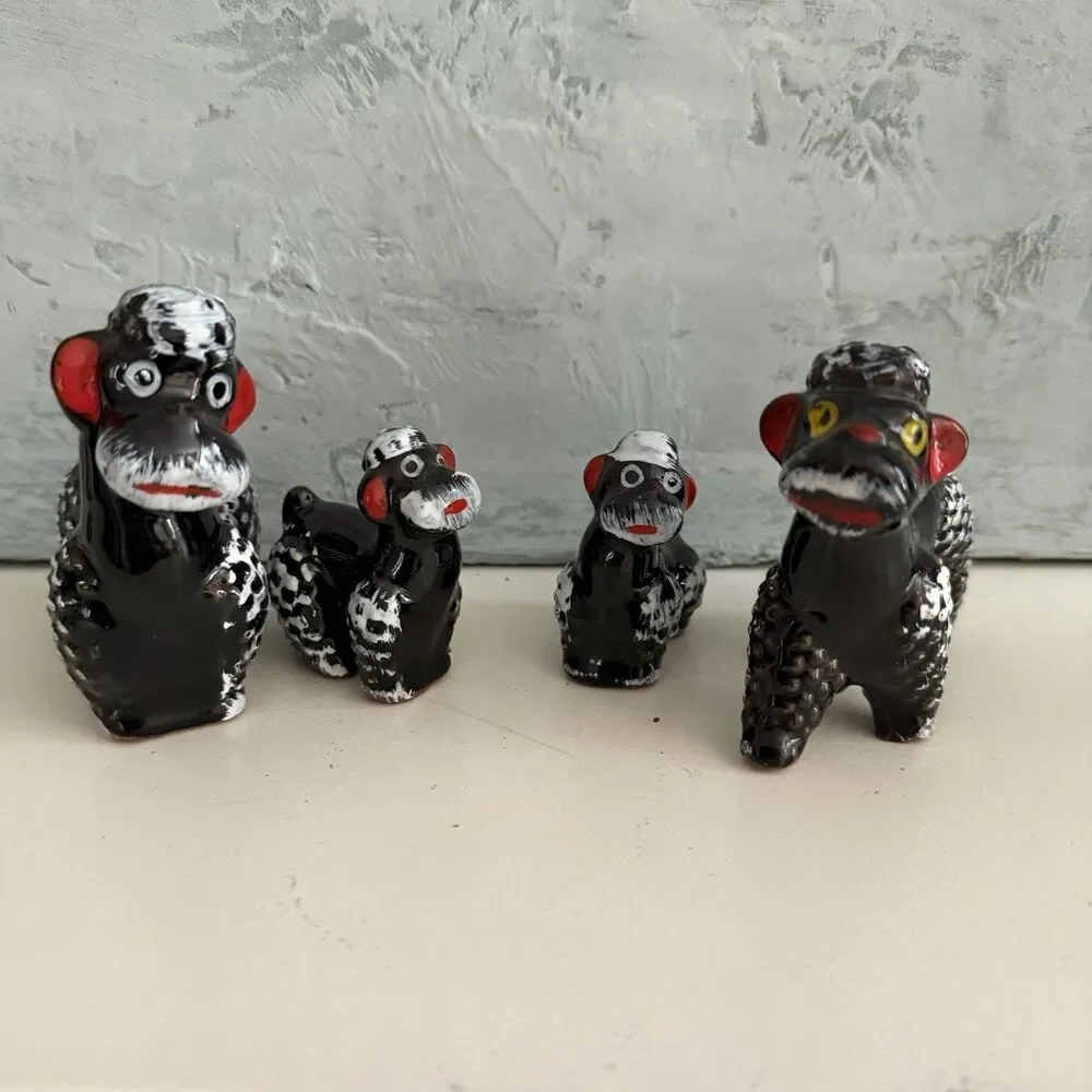 Vintage Poodle Dog Family Dad Mom Pups Black White Red Japan Set Of 4 MCM